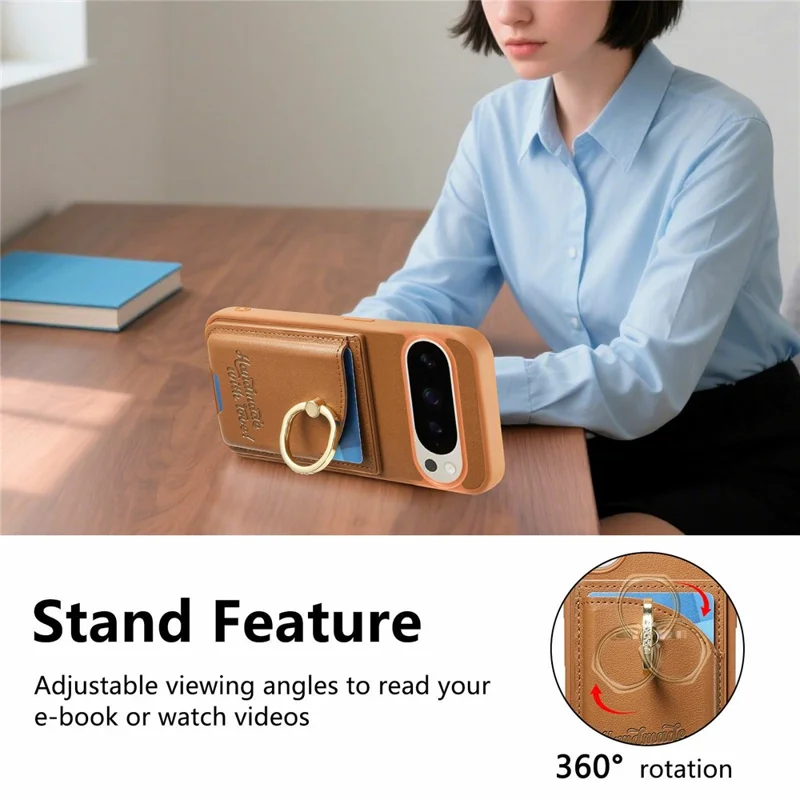 Для Google Pixel 9 Pro XL / 10 Pro XL Чехол Держатель для карт Держатель с кристаллами Кольцевой держатель Подставка Кожаная задняя панель Чехол для телефона - Коричневый
