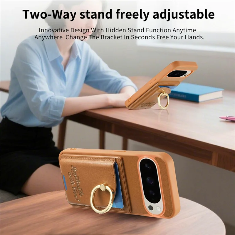 Для Google Pixel 9 Pro XL / 10 Pro XL Чехол Держатель для карт Держатель с кристаллами Кольцевой держатель Подставка Кожаная задняя панель Чехол для телефона - Коричневый