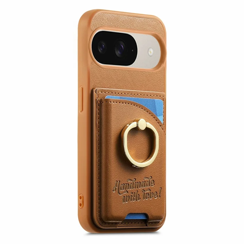 For Google Pixel 9 / 9 Pro / 10 / 10 Pro Case Card Holder Rhinestone Ring Holder Kickstand Leather Back Phone Cover - Brown