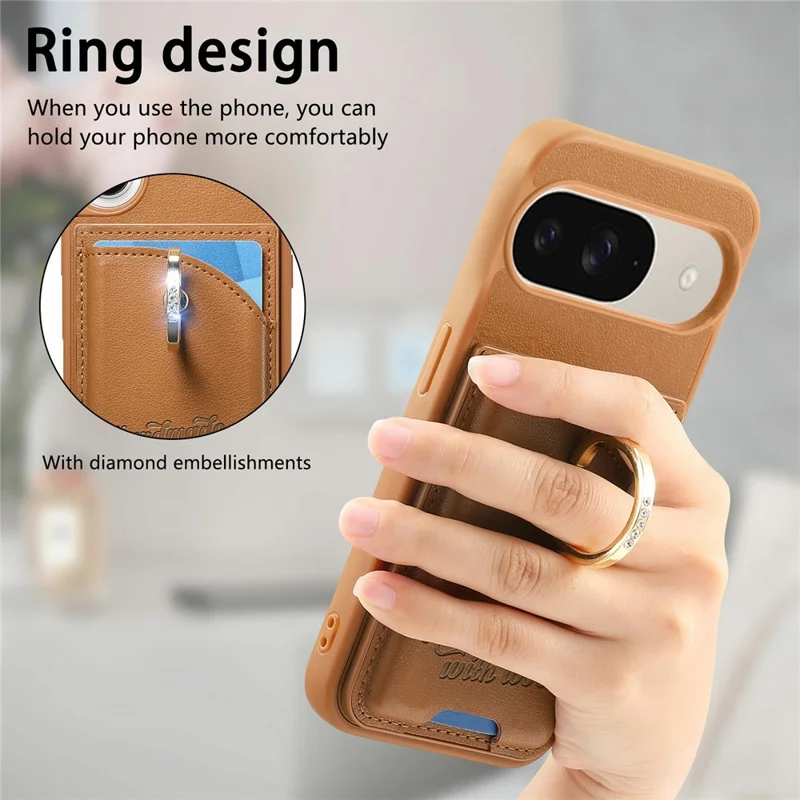 For Google Pixel 9 / 9 Pro / 10 / 10 Pro Case Card Holder Rhinestone Ring Holder Kickstand Leather Back Phone Cover - Brown