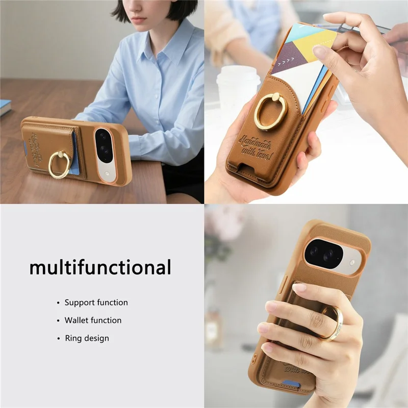 For Google Pixel 9 / 9 Pro / 10 / 10 Pro Case Card Holder Rhinestone Ring Holder Kickstand Leather Back Phone Cover - Brown