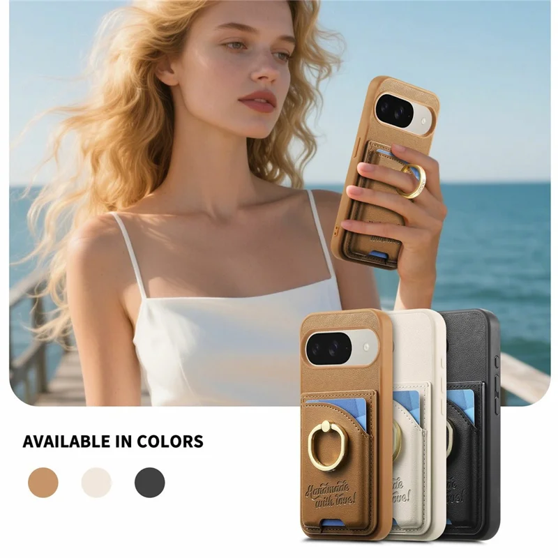 For Google Pixel 9 / 9 Pro / 10 / 10 Pro Case Card Holder Rhinestone Ring Holder Kickstand Leather Back Phone Cover - Brown