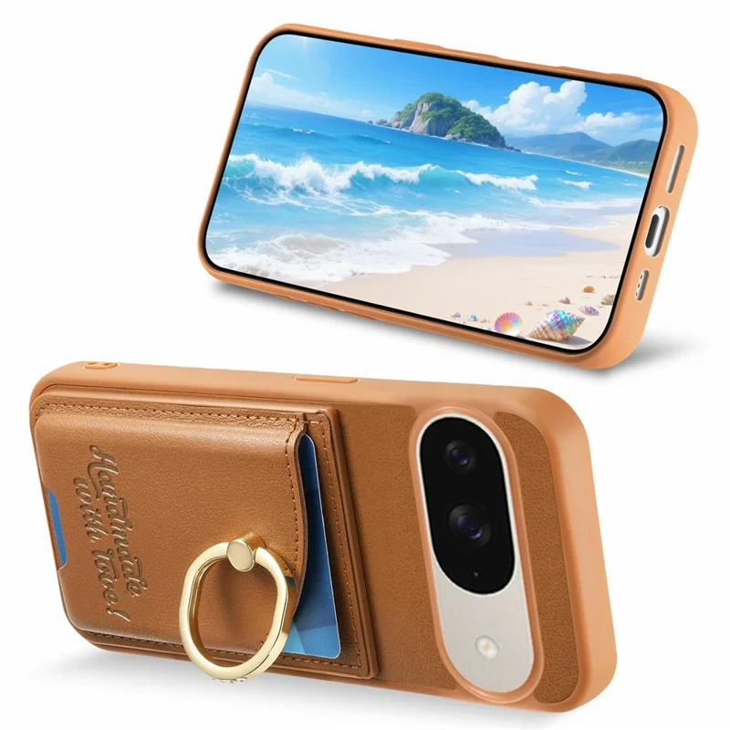 For Google Pixel 9 / 9 Pro / 10 / 10 Pro Case Card Holder Rhinestone Ring Holder Kickstand Leather Back Phone Cover - Brown