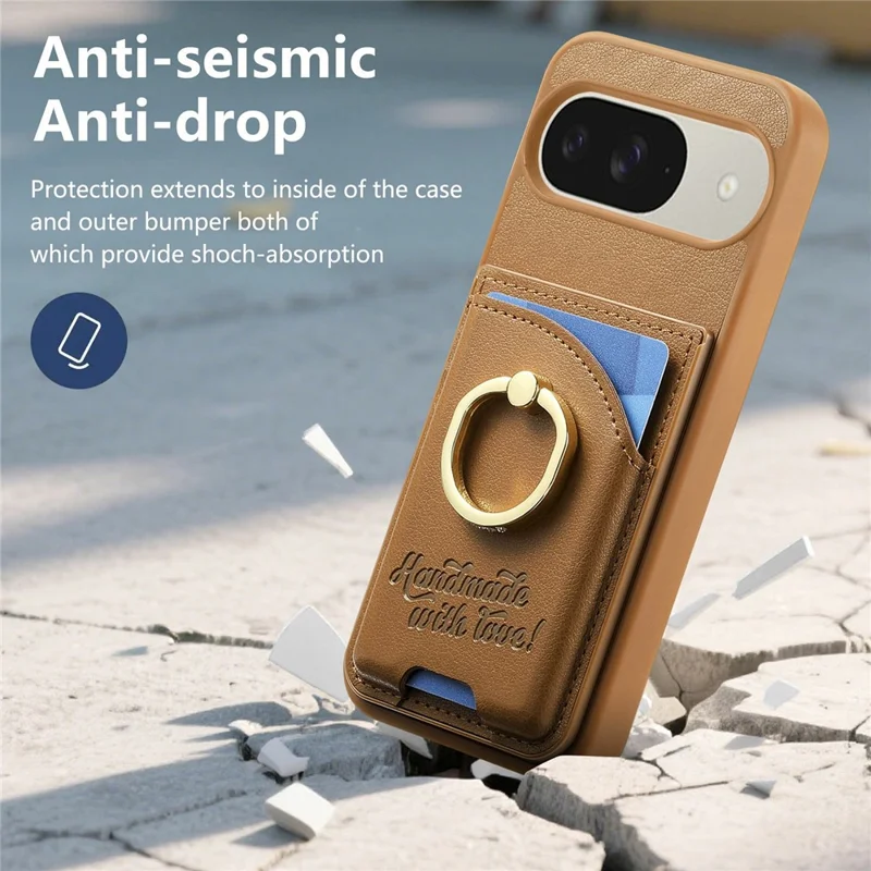 For Google Pixel 9 / 9 Pro / 10 / 10 Pro Case Card Holder Rhinestone Ring Holder Kickstand Leather Back Phone Cover - Brown