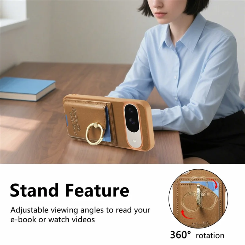 For Google Pixel 9 / 9 Pro / 10 / 10 Pro Case Card Holder Rhinestone Ring Holder Kickstand Leather Back Phone Cover - Brown