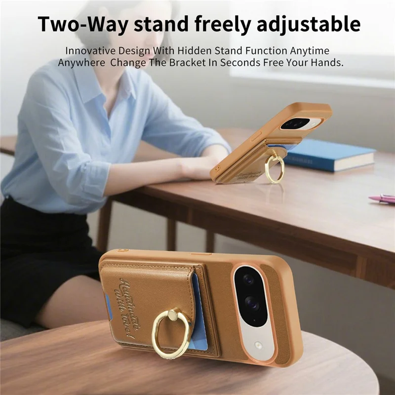 For Google Pixel 9 / 9 Pro / 10 / 10 Pro Case Card Holder Rhinestone Ring Holder Kickstand Leather Back Phone Cover - Brown