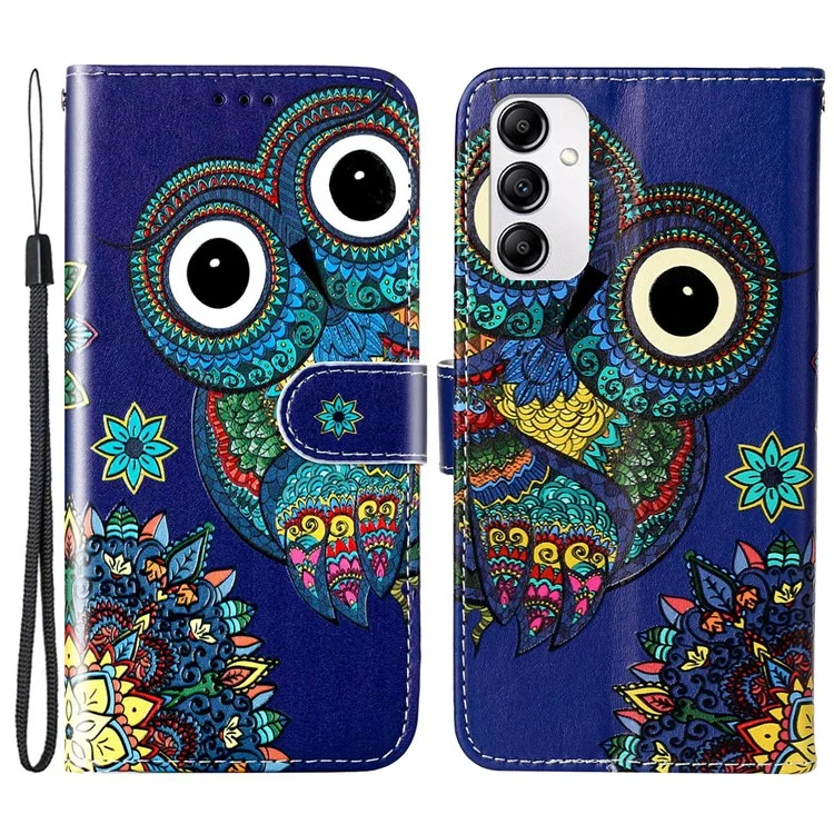 For Samsung Galaxy A14 5G / 4G Pattern Embossed Phone Cover PU Leather+TPU Foldable Stand Wallet Case with Hand Strap - Owl