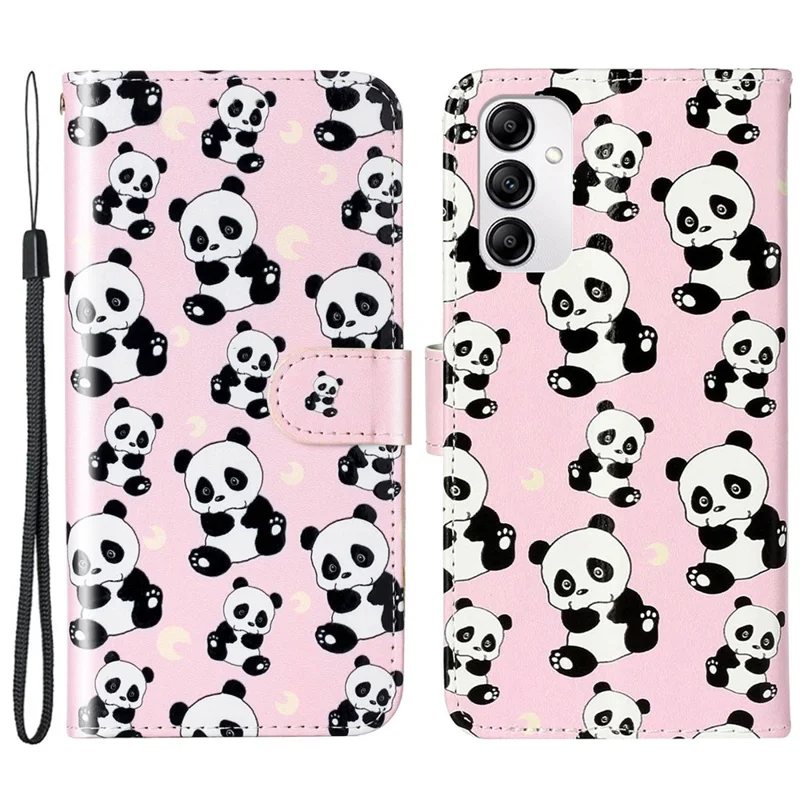 For Samsung Galaxy A14 5G / 4G Pattern Embossed Phone Cover PU Leather+TPU Foldable Stand Wallet Case with Hand Strap - Panda