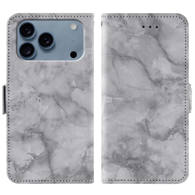 Voor iPhone 17 Pro Leren Hoesje met Marmerpatroon Telefoonportemonnee Standhoes met Polsbandje - Grijs