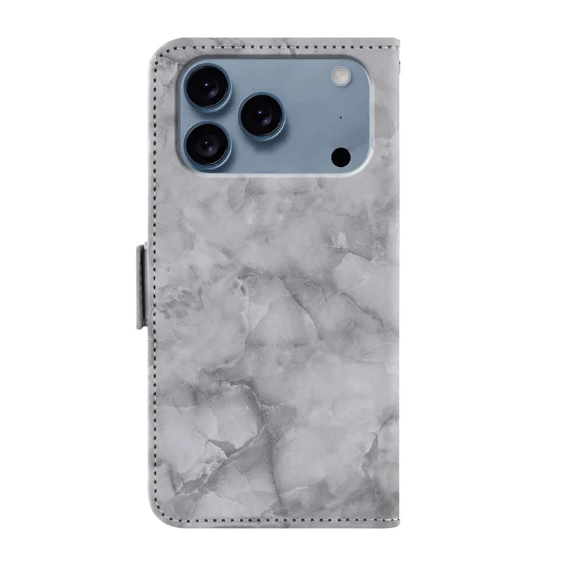 Voor iPhone 17 Pro Leren Hoesje met Marmerpatroon Telefoonportemonnee Standhoes met Polsbandje - Grijs