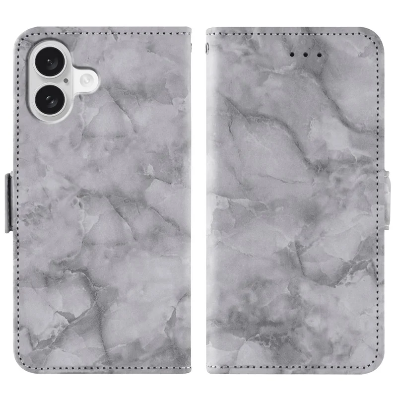 For iPhone 16 Leather Case Marble Pattern Phone Wallet Stand Cover with Wrist Strap - Grey