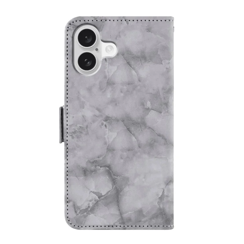 For iPhone 16 Plus Leather Case Marble Pattern Phone Wallet Stand Cover with Wrist Strap - Grey