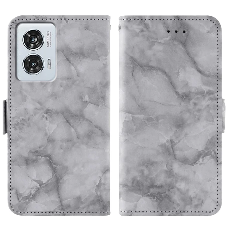 For Motorola Edge 50 Fusion 5G Leather Case Marble Pattern Phone Wallet Stand Cover with Wrist Strap - Grey
