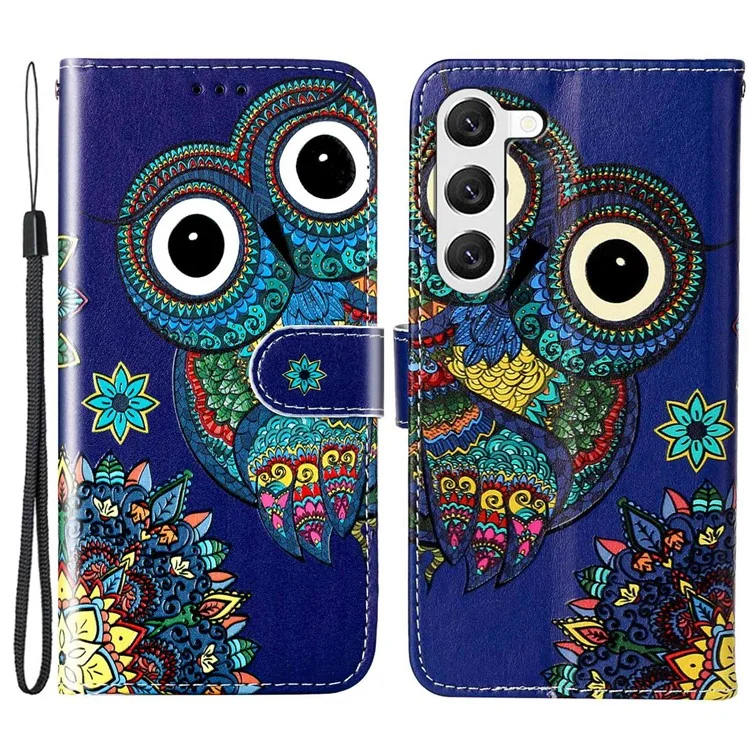 Per Samsung Galaxy S23 Pattern Embossed Phone Cover PU Leather+TPU Viewing Stand Wallet Case with Hand Strap - Gufo