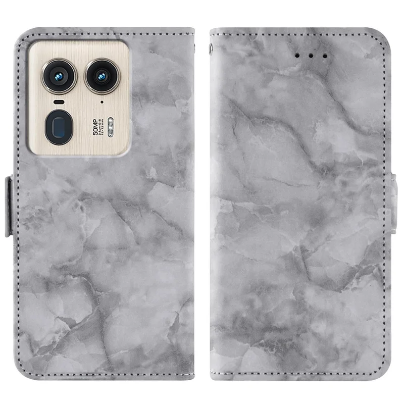For Motorola Edge 50 Ultra 5G Leather Case Marble Pattern Phone Wallet Stand Cover with Wrist Strap - Grey