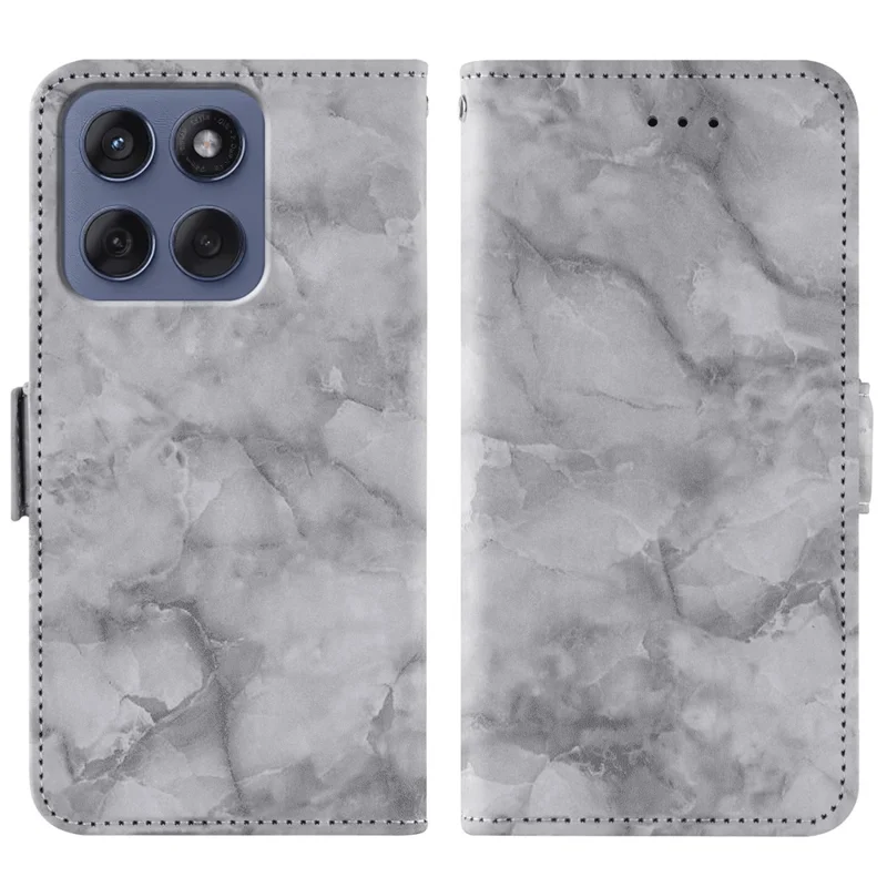 Leather Case For Motorola Edge 60 Fusion 5G  /  Edge 60 5G  /  Edge (2025) 5G Marble Pattern Phone Wallet Stand Cover with Wrist Strap - Grey