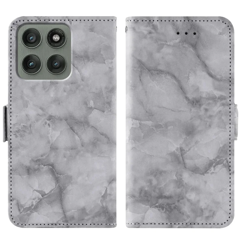 For Motorola Edge 60 Pro 5G Leather Case Marble Pattern Phone Wallet Stand Cover with Wrist Strap - Grey
