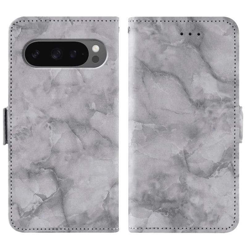 Capa de Couro para Google Pixel 10 Pro / Pixel 10 / Pixel 9 Pro / Pixel 9 Padrão de Mármore Carteira de Telefone Capa com Alça de Pulso - Cinza