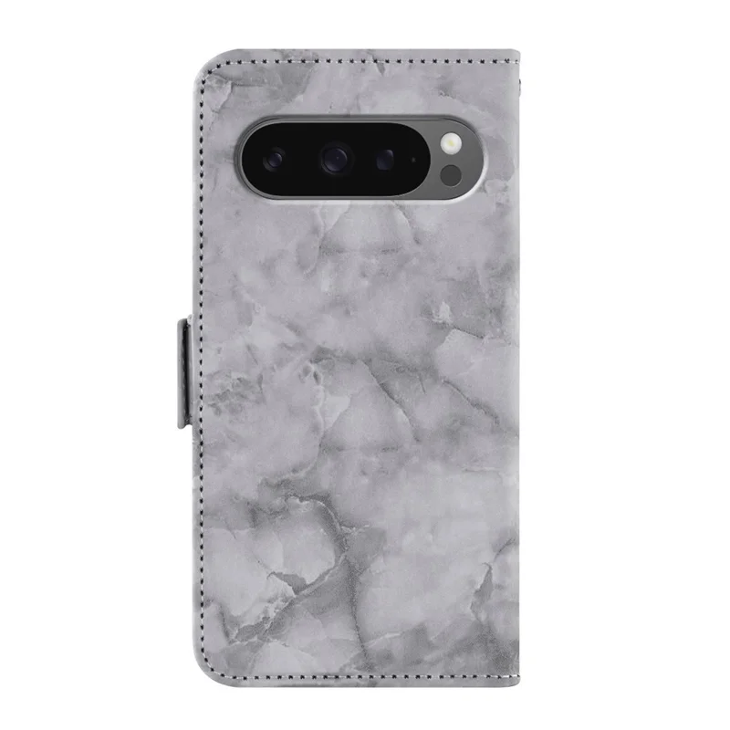 Capa de Couro para Google Pixel 10 Pro XL / Pixel 9 Pro XL Capa de Telefone com Suporte de Carteira e Alça de Pulso com Padrão de Mármore - Cinza