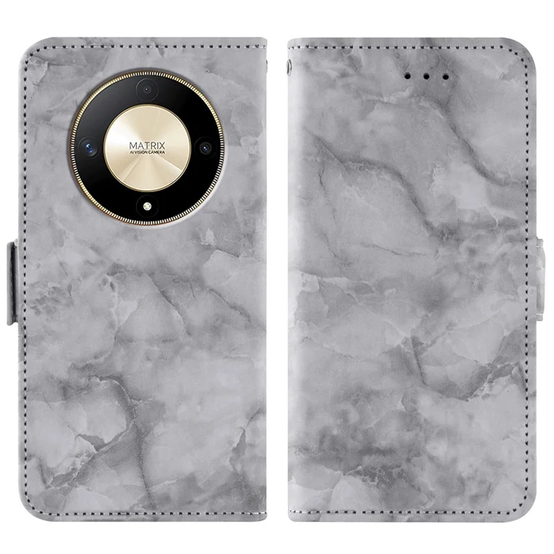 Leather Case For Honor Magic6 Lite 5G  /  X9b 5G Marble Pattern Phone Wallet Stand Cover with Wrist Strap - Grey