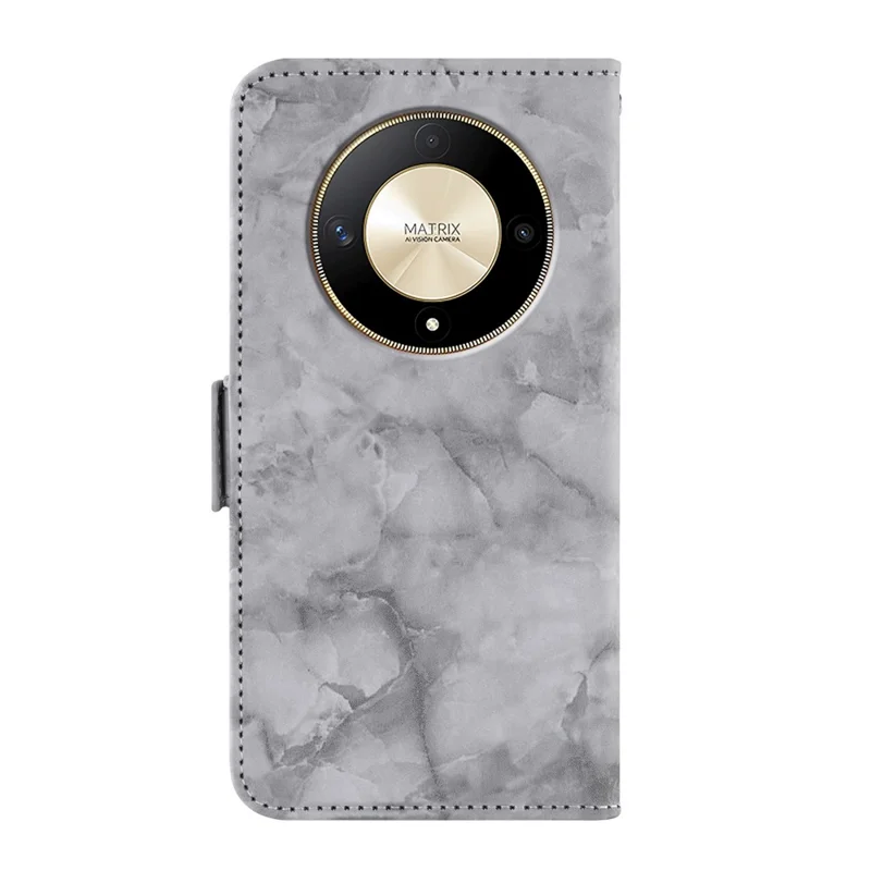 Leather Case For Honor Magic6 Lite 5G  /  X9b 5G Marble Pattern Phone Wallet Stand Cover with Wrist Strap - Grey