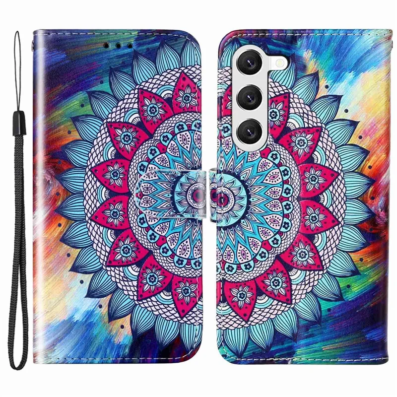 Für Samsung Galaxy S23+ PU-Leder-Muster geprägtes Schutzhülle, faltbares Stand-Folio-Flip-Handy-Portemonnaie mit Handgurt - Mandala-Blume