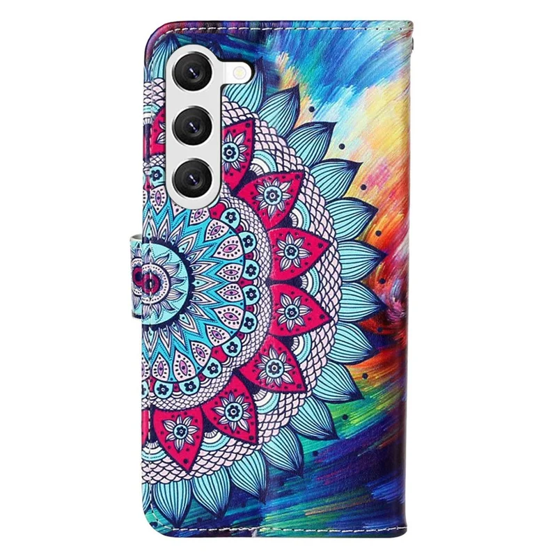 Für Samsung Galaxy S23+ PU-Leder-Muster geprägtes Schutzhülle, faltbares Stand-Folio-Flip-Handy-Portemonnaie mit Handgurt - Mandala-Blume