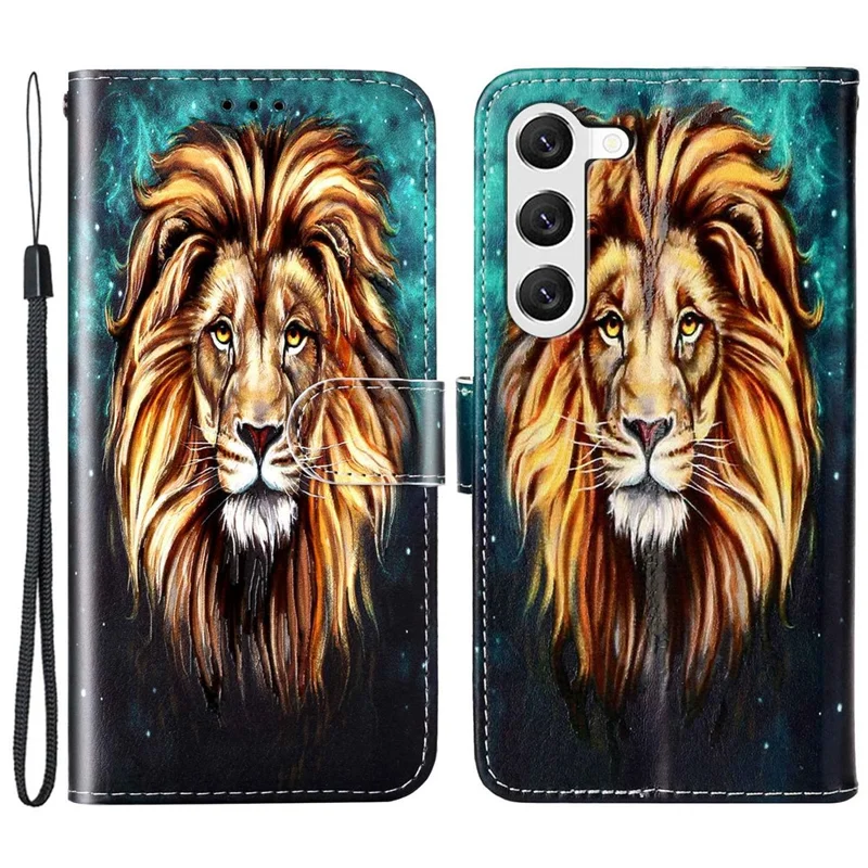 For Samsung Galaxy S23+ PU Leather Pattern Embossed Protective Case Foldable Stand Folio Flip Phone Wallet Cover with Hand Strap - Lion