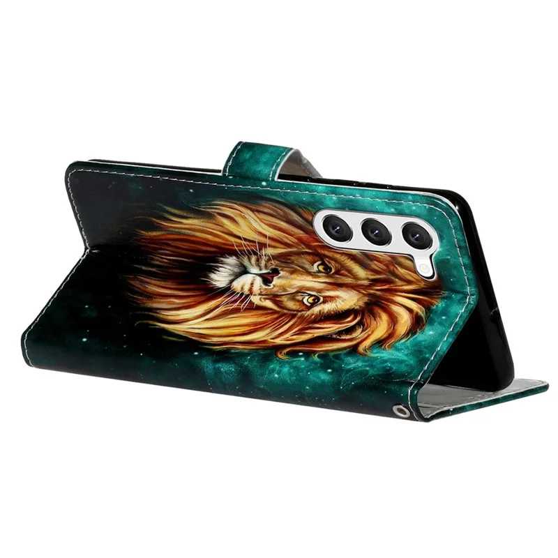 For Samsung Galaxy S23+ PU Leather Pattern Embossed Protective Case Foldable Stand Folio Flip Phone Wallet Cover with Hand Strap - Lion