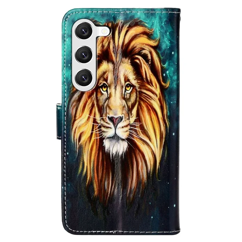 For Samsung Galaxy S23+ PU Leather Pattern Embossed Protective Case Foldable Stand Folio Flip Phone Wallet Cover with Hand Strap - Lion