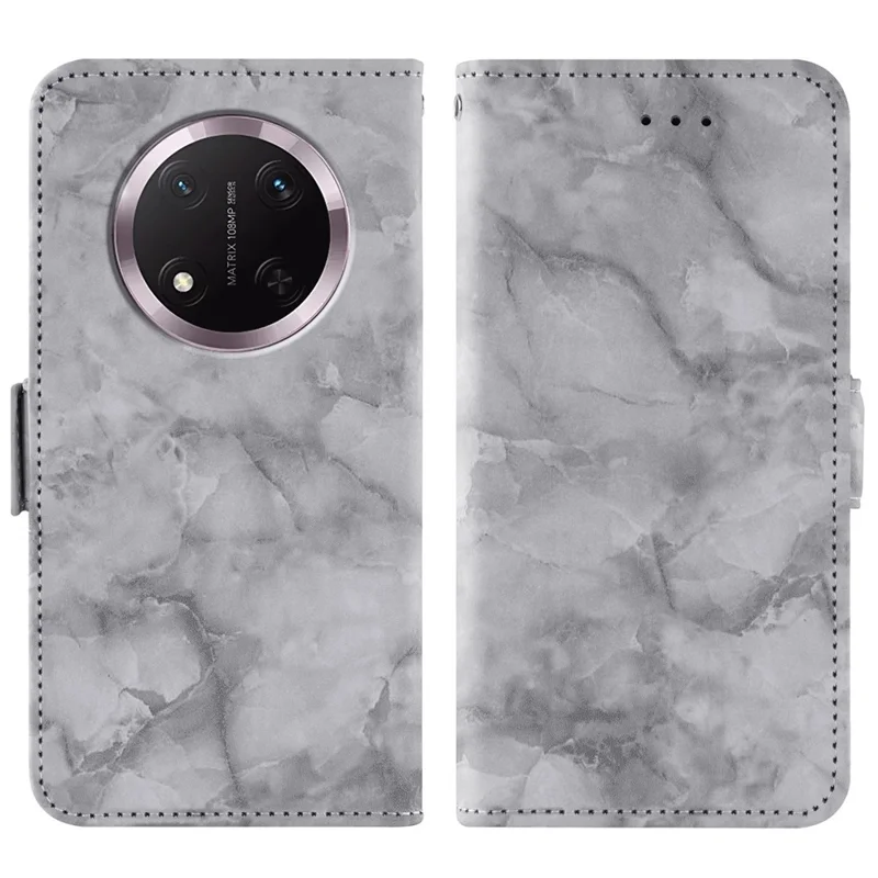 Capa de Couro para Honor X9c 5G / Magic7 Lite 5G / X60 Pro 5G Padrão de Mármore Carteira de Telefone Capa Suporte com Alça de Pulso - Cinza