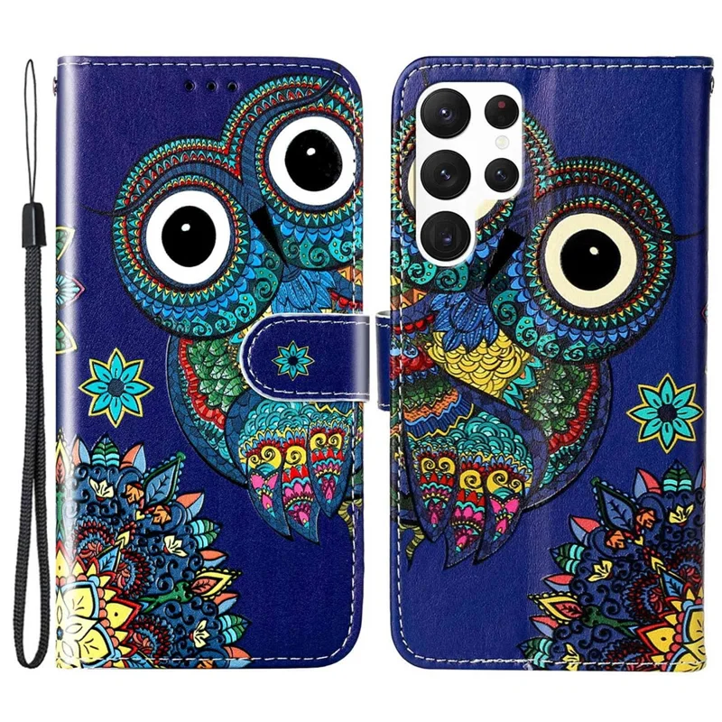 For Samsung Galaxy S23 Ultra Pattern Embossed PU Leather Full Protection Case Foldable Stand Phone Wallet Cover with Hand Strap - Blue Owl