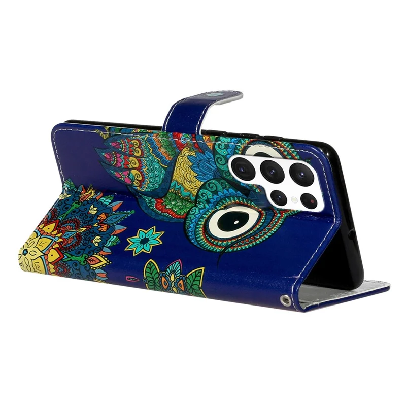 For Samsung Galaxy S23 Ultra Pattern Embossed PU Leather Full Protection Case Foldable Stand Phone Wallet Cover with Hand Strap - Blue Owl