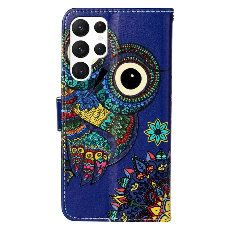 For Samsung Galaxy S23 Ultra Pattern Embossed PU Leather Full Protection Case Foldable Stand Phone Wallet Cover with Hand Strap - Blue Owl