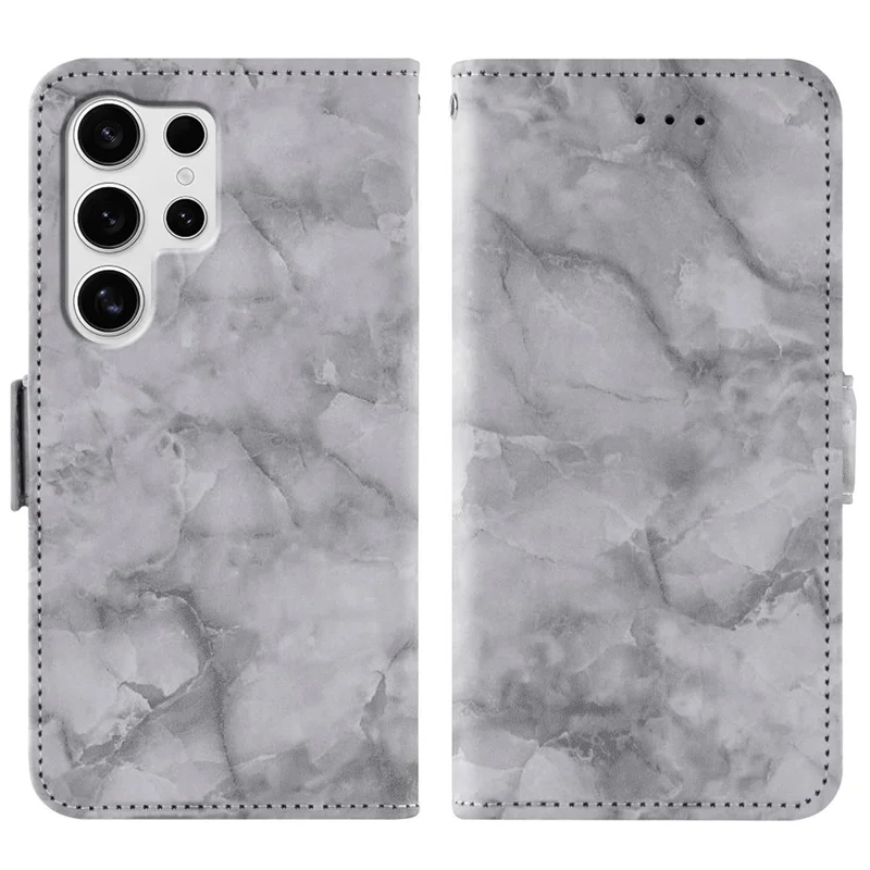 Capa de Couro para Samsung Galaxy S23 Ultra com Padrão de Mármore, Carteira de Telefone e Suporte com Alça de Pulso - Cinza