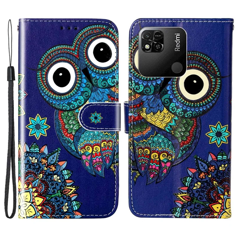 For Xiaomi Redmi 10A Stylish Pattern Embossed Protective Case PU Leather Folio Flip Phone Stand Wallet Cover with Hand Strap - Blue Owl