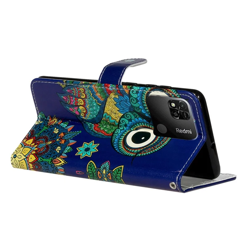 For Xiaomi Redmi 10A Stylish Pattern Embossed Protective Case PU Leather Folio Flip Phone Stand Wallet Cover with Hand Strap - Blue Owl
