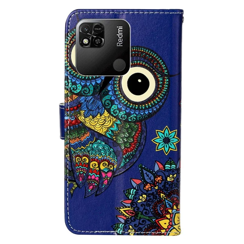 For Xiaomi Redmi 10A Stylish Pattern Embossed Protective Case PU Leather Folio Flip Phone Stand Wallet Cover with Hand Strap - Blue Owl