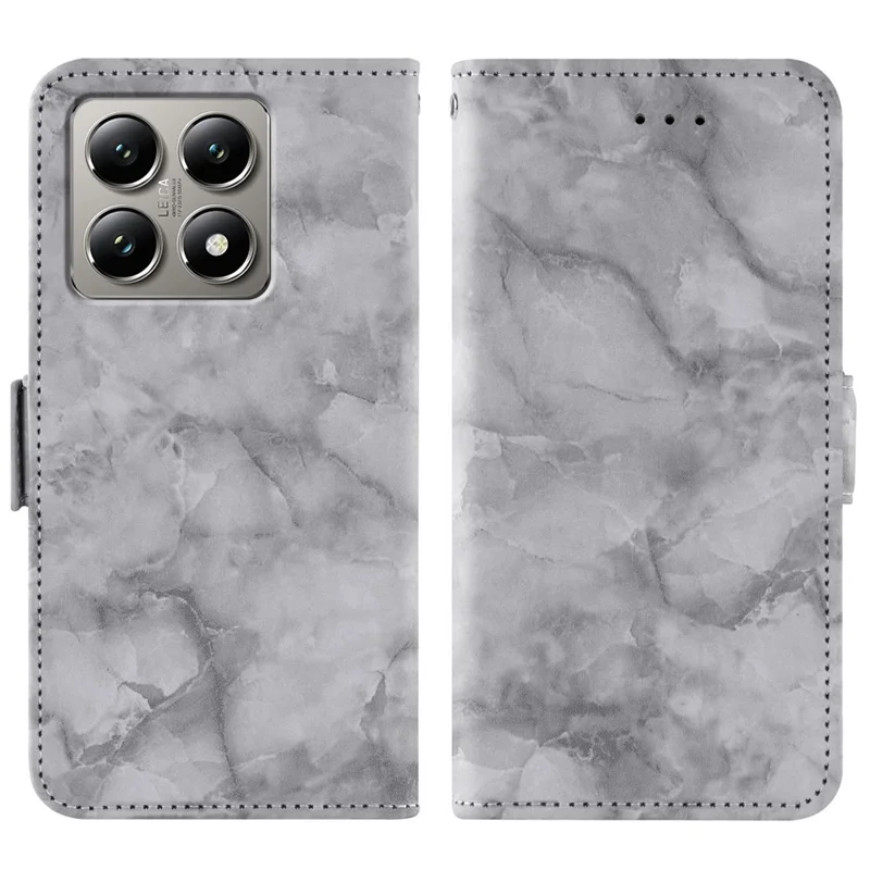 For Xiaomi 14T Pro Leather Case Marble Pattern Phone Wallet Stand Cover with Wrist Strap - Grey