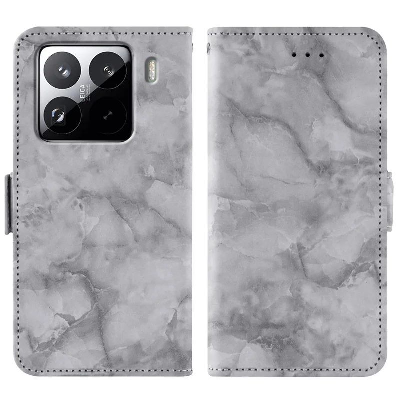For Xiaomi 15 Pro Leather Case Marble Pattern Phone Wallet Stand Cover with Wrist Strap - Grey