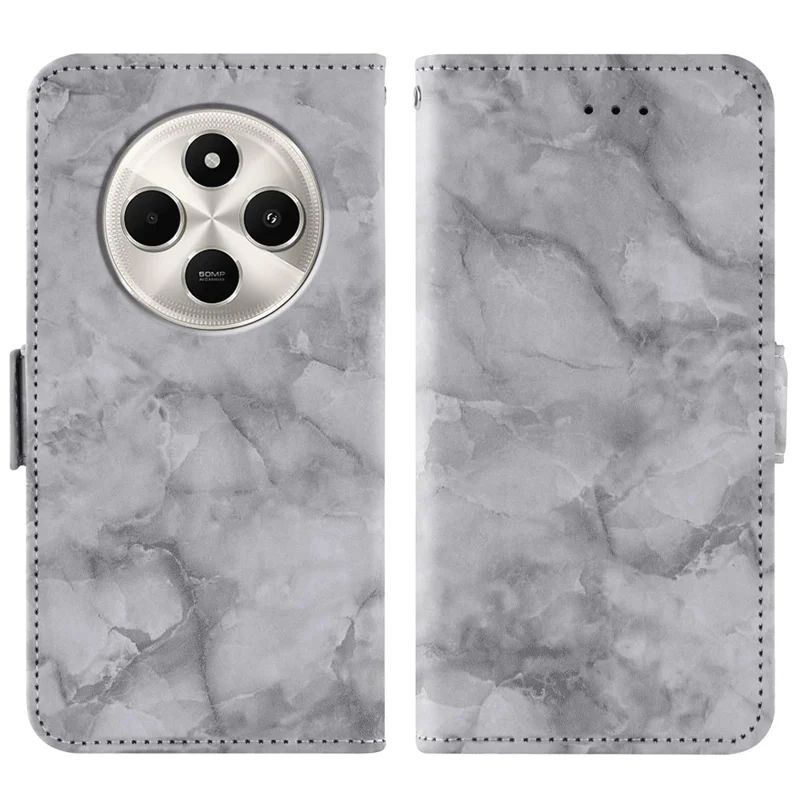 Custodia in pelle per Xiaomi Redmi 14C 4G / 14C 5G / A3 Pro 4G / 14R 5G / A4 5G / Poco C75 4G Custodia a portafoglio con motivo a marmo e supporto, con cinturino da polso - Grigio