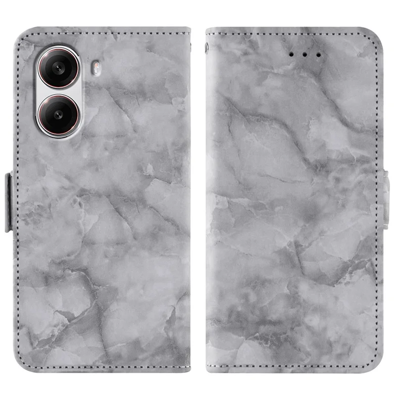 For Xiaomi Redmi Turbo 4 5G  /  Poco X7 Pro 5G Leather Case Marble Pattern Phone Wallet Stand Cover with Wrist Strap - Grey