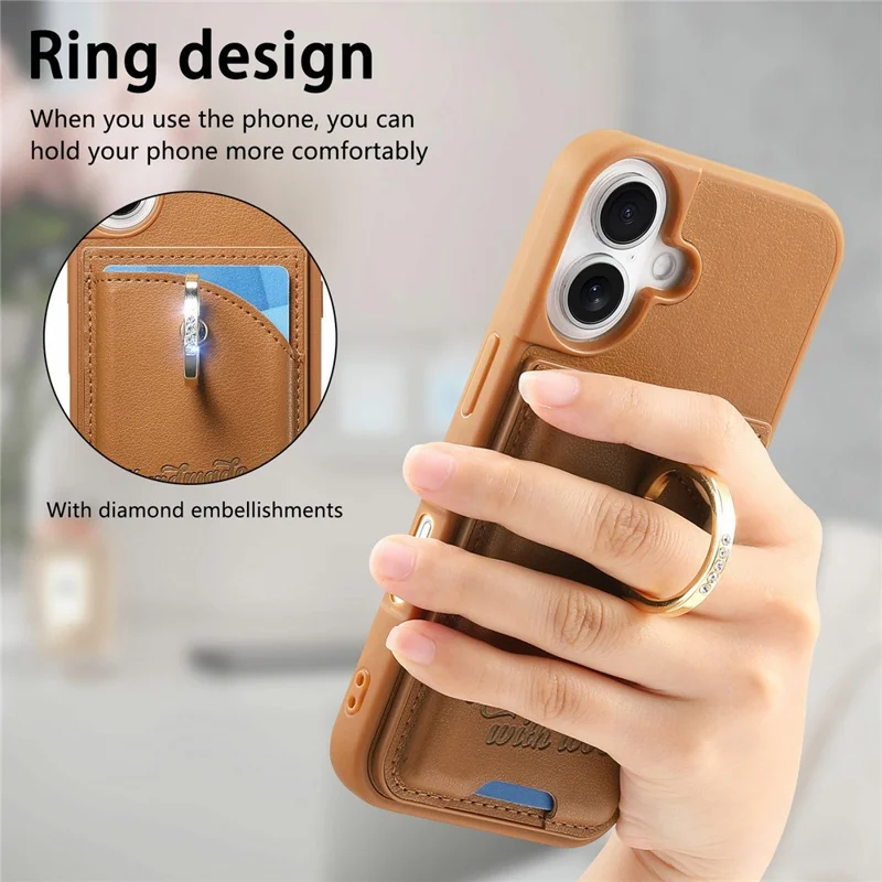 For iPhone 17 Case Card Holder Rhinestone Ring Holder Kickstand Leather Back Phone Cover - Brown