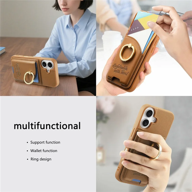 For iPhone 17 Case Card Holder Rhinestone Ring Holder Kickstand Leather Back Phone Cover - Brown