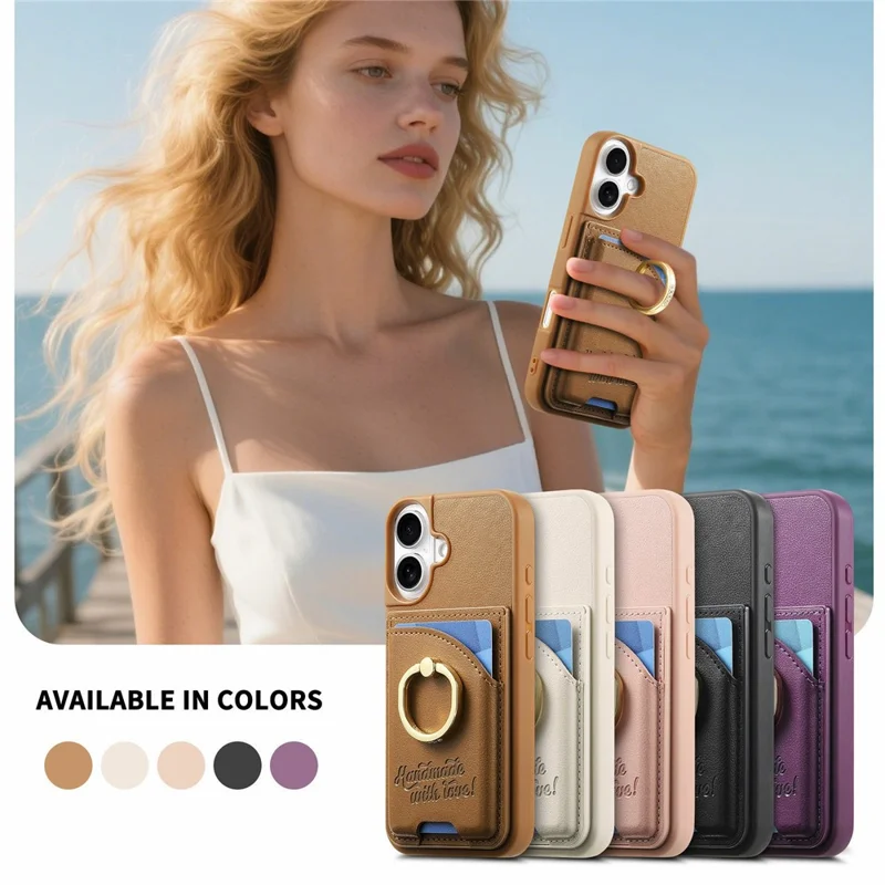 For iPhone 17 Case Card Holder Rhinestone Ring Holder Kickstand Leather Back Phone Cover - Brown