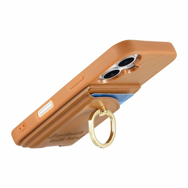 For iPhone 17 Case Card Holder Rhinestone Ring Holder Kickstand Leather Back Phone Cover - Brown