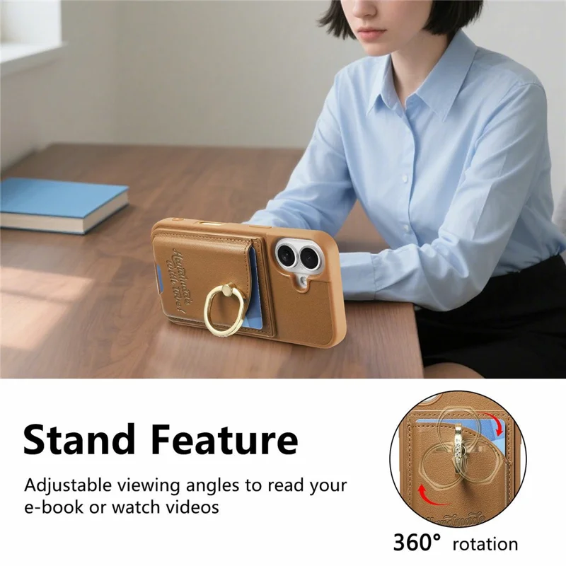 For iPhone 17 Case Card Holder Rhinestone Ring Holder Kickstand Leather Back Phone Cover - Brown