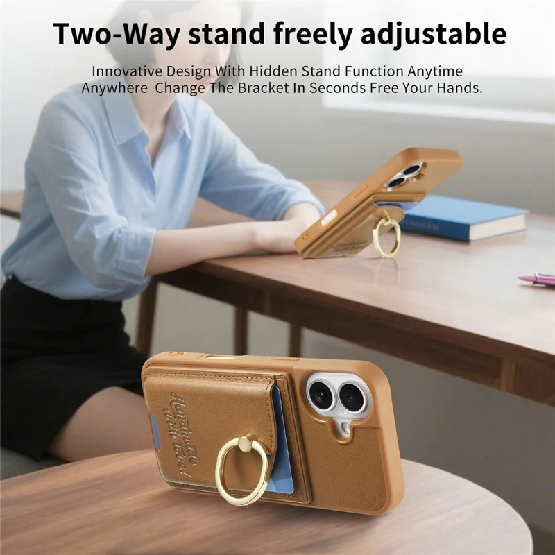 For iPhone 17 Case Card Holder Rhinestone Ring Holder Kickstand Leather Back Phone Cover - Brown