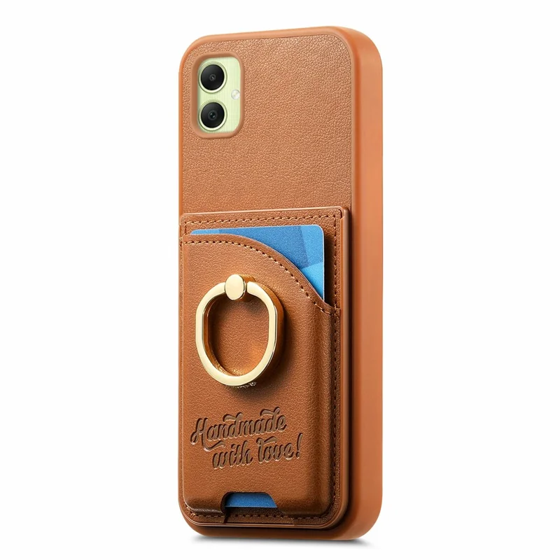 Futerał na Samsung Galaxy A06 4G z uchwytem na kartę, uchwytem pierścieniowym z kryształkami, podstawką, tyłem z kory obiciem skórzanym - Brązowy