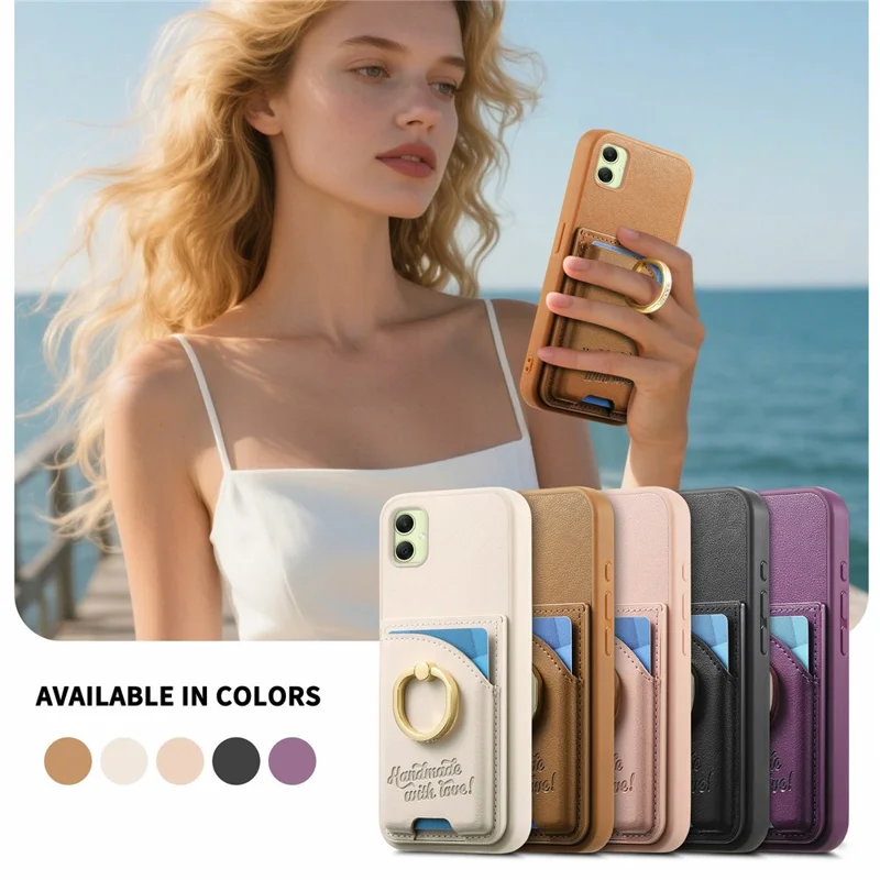 Futerał na Samsung Galaxy A06 4G z uchwytem na kartę, uchwytem pierścieniowym z kryształkami, podstawką, tyłem z kory obiciem skórzanym - Brązowy